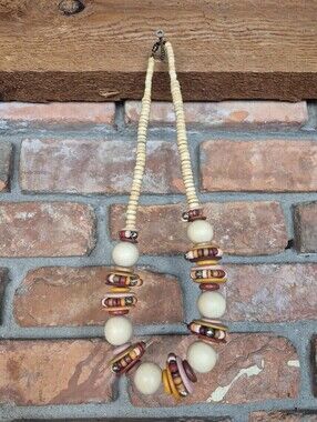 Vintage Boho Wood Bead Statement Necklace Earthy Artisan Festival Style